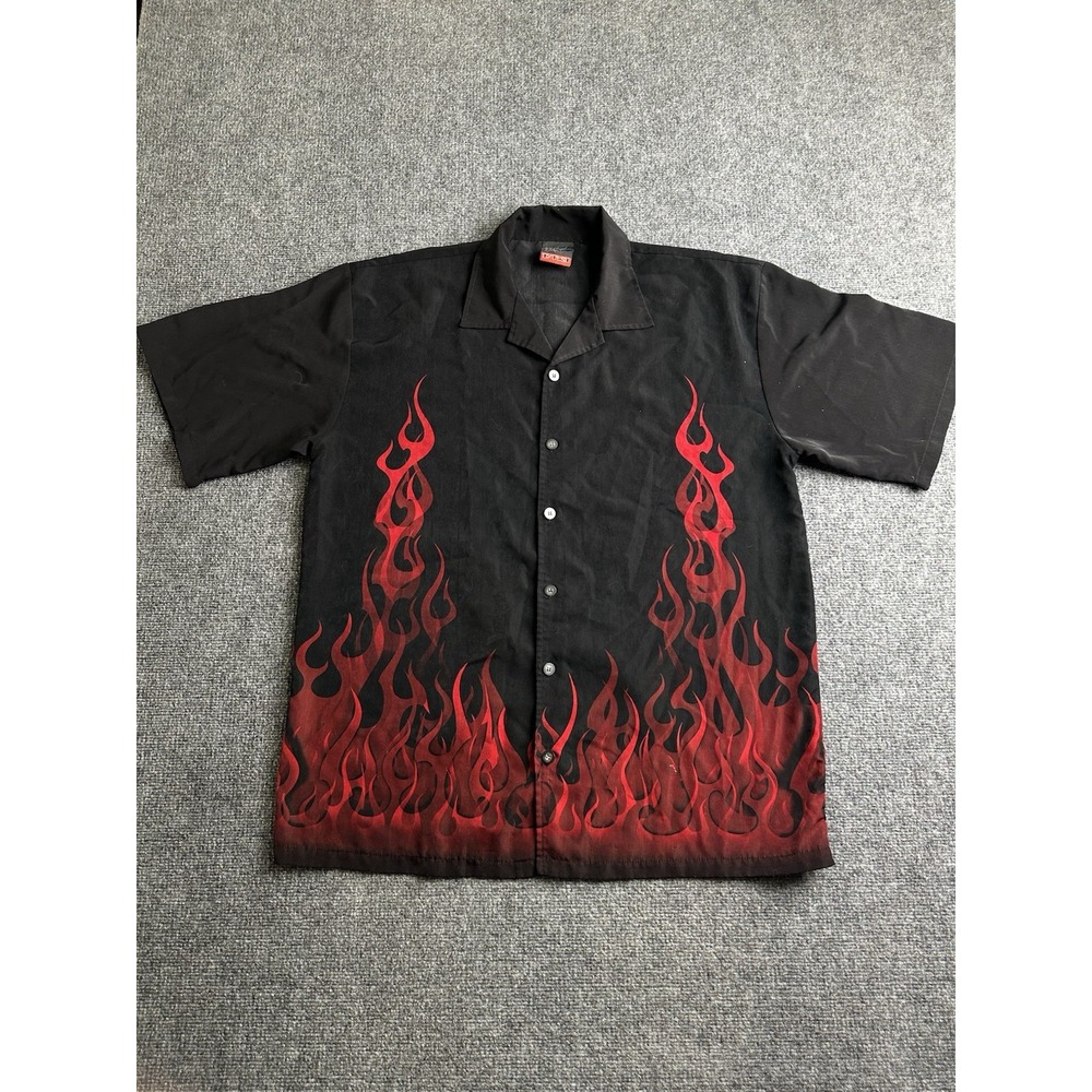 Y2K C-TWO Black Red Flame Button Up Bowling Hot Rod Shirt, Size 2XL